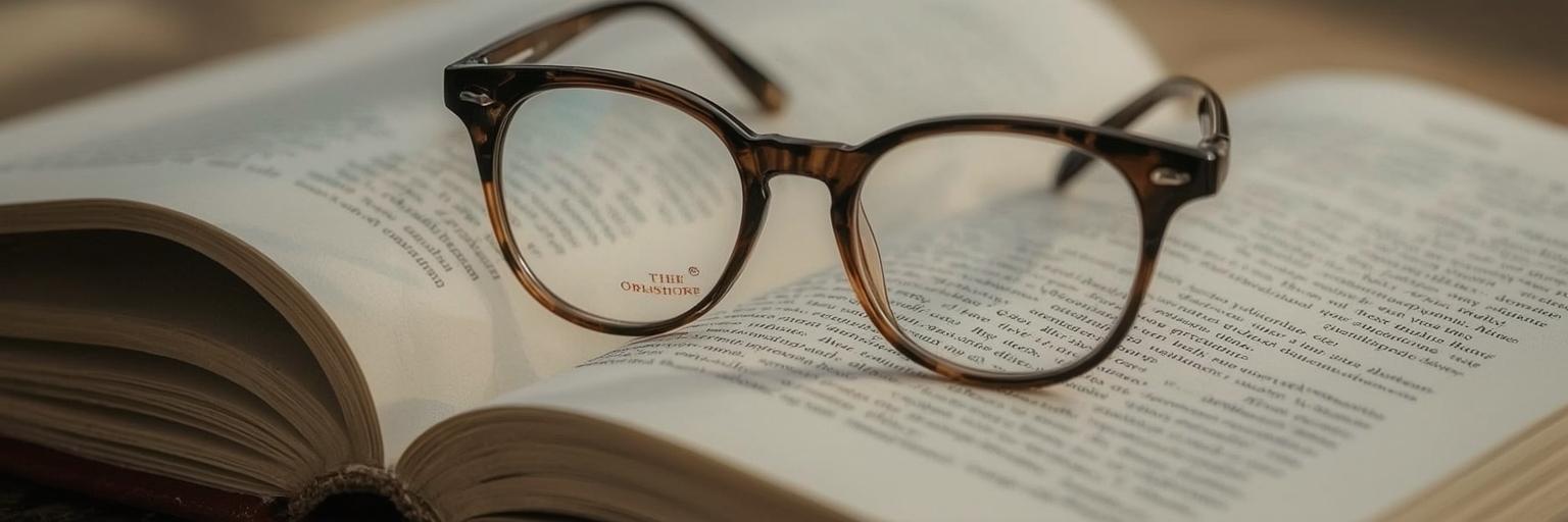 Lunettes de lecture posées sur un livre ouvert, symbolisant la baisse de la vue de près