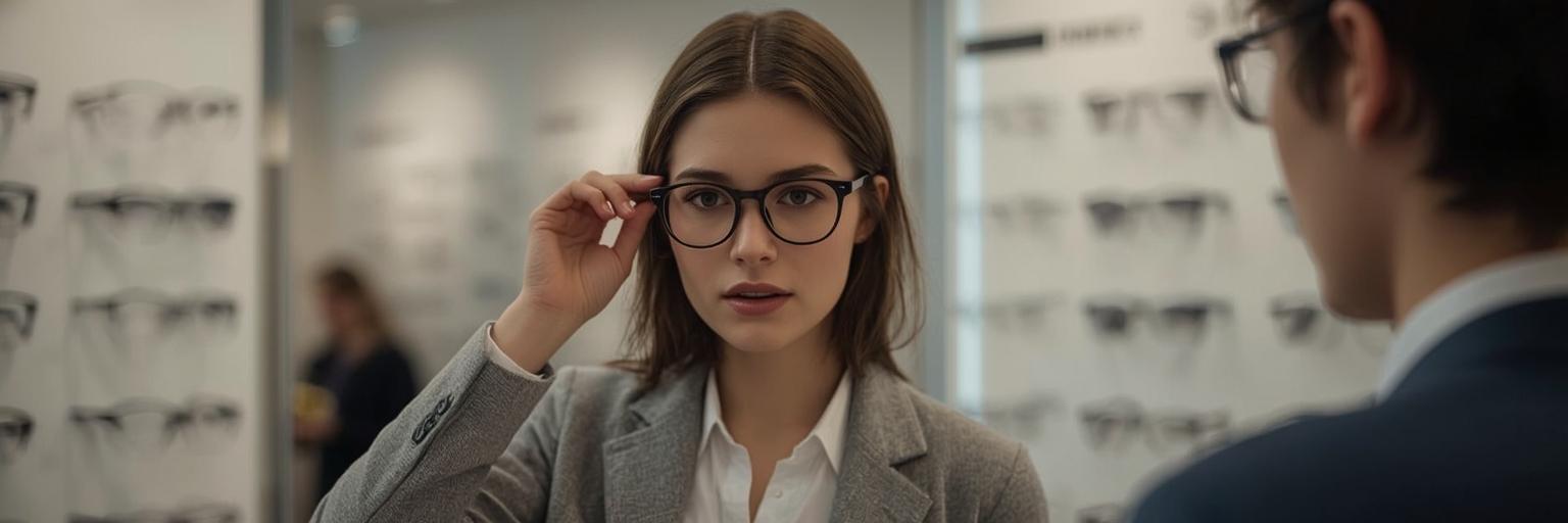 Client essayant des montures dans une boutique d’opticien de quartier