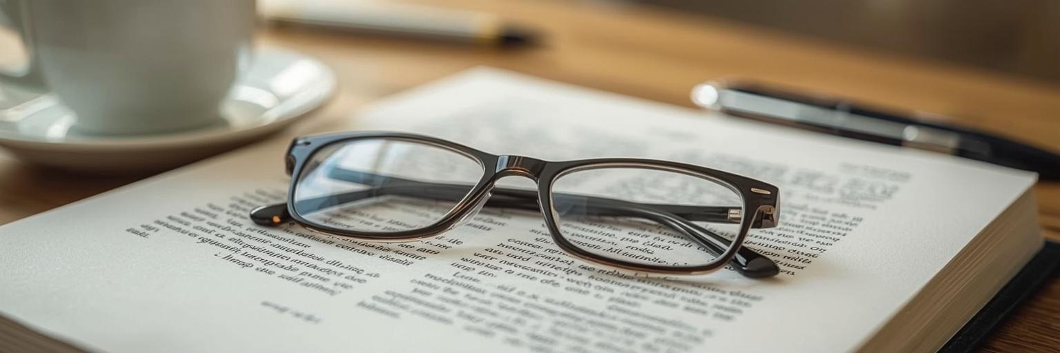 Gros plan de lunettes posées sur un livre avec texte flou, symbole de trouble visuel