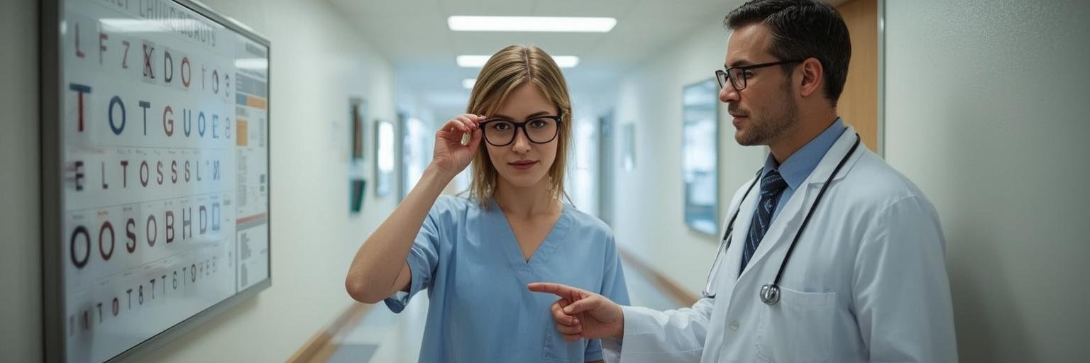 Discussion entre un patient portant des verres progressifs et un médecin