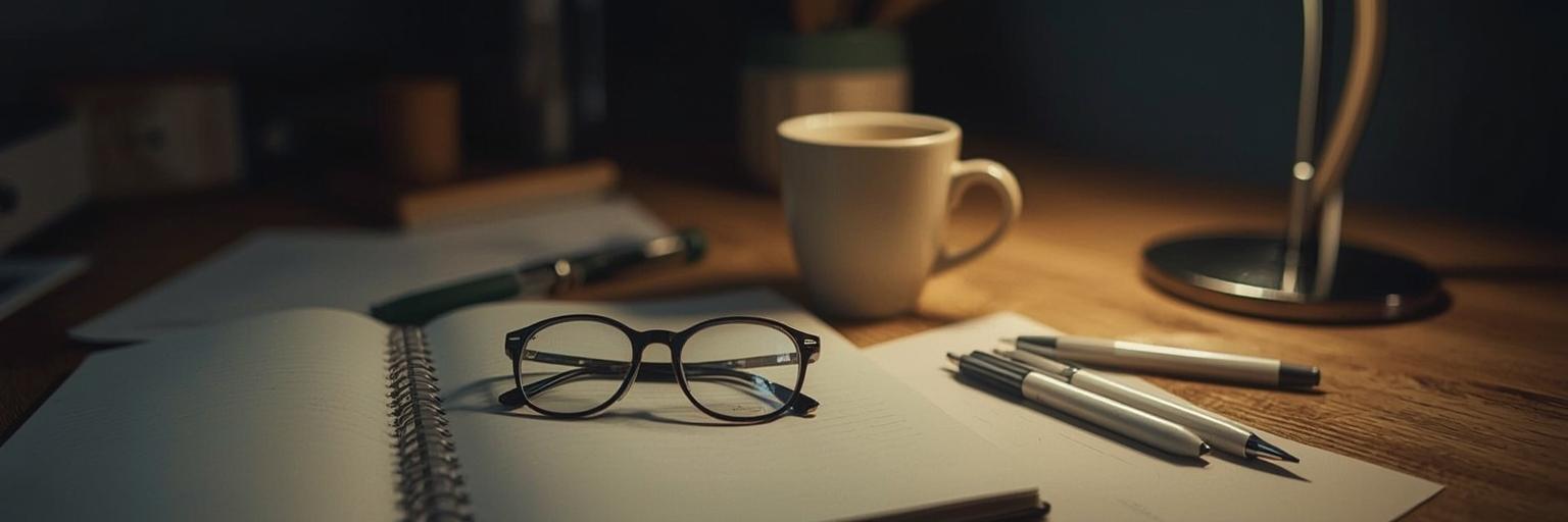 Vision floue soudaine et fatigue illustrées par un bureau avec lunettes et café